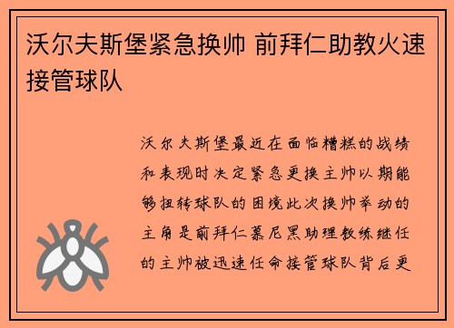 沃尔夫斯堡紧急换帅 前拜仁助教火速接管球队 沃尔夫斯堡紧急换帅 前拜仁助教火速接管球队